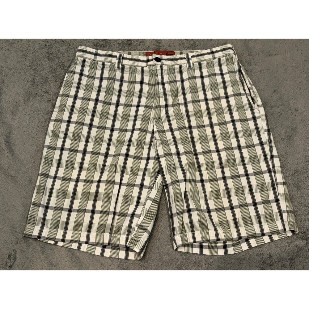 Perry Ellis America Mens Plaid Cotton Shorts Green Black White 36W Flat Front